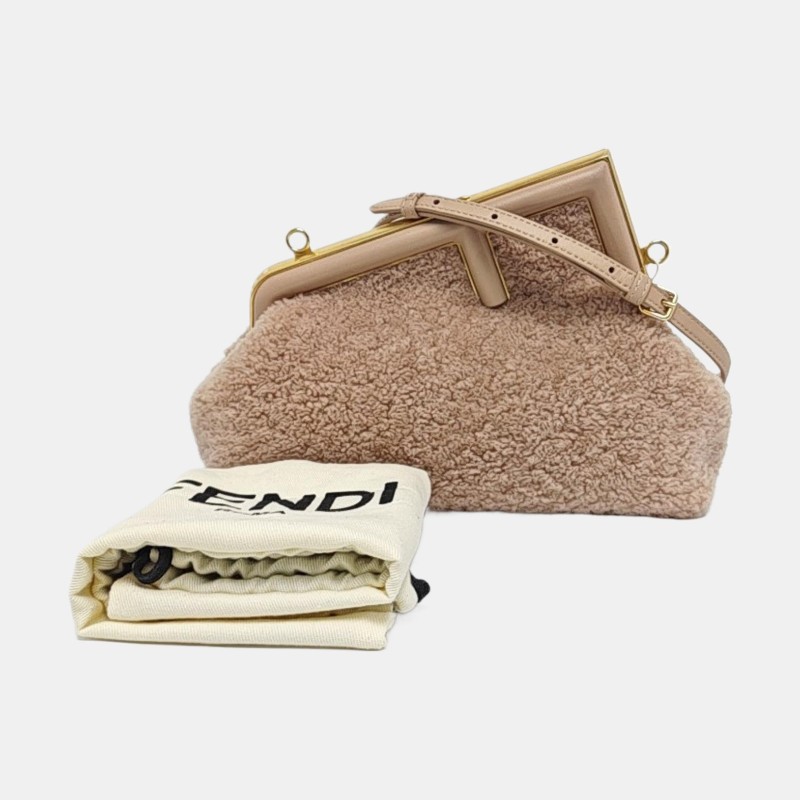 FENDI First 小號 淺粉色毛呢斜挎包 金色五金 可拆卸肩帶 9.9新-7