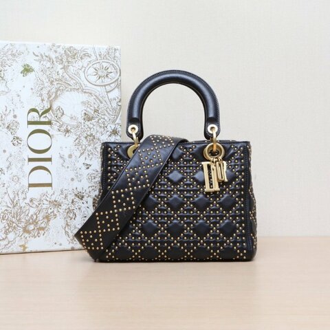 DIOR Lady戴妃包五格黑色羊皮金扣2018鉚釘飾面肩背包