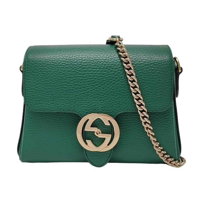 GUCCI Interlocking G 綠色牛皮單肩包手提包斜挎包 金色五金 可拆卸肩帶-0