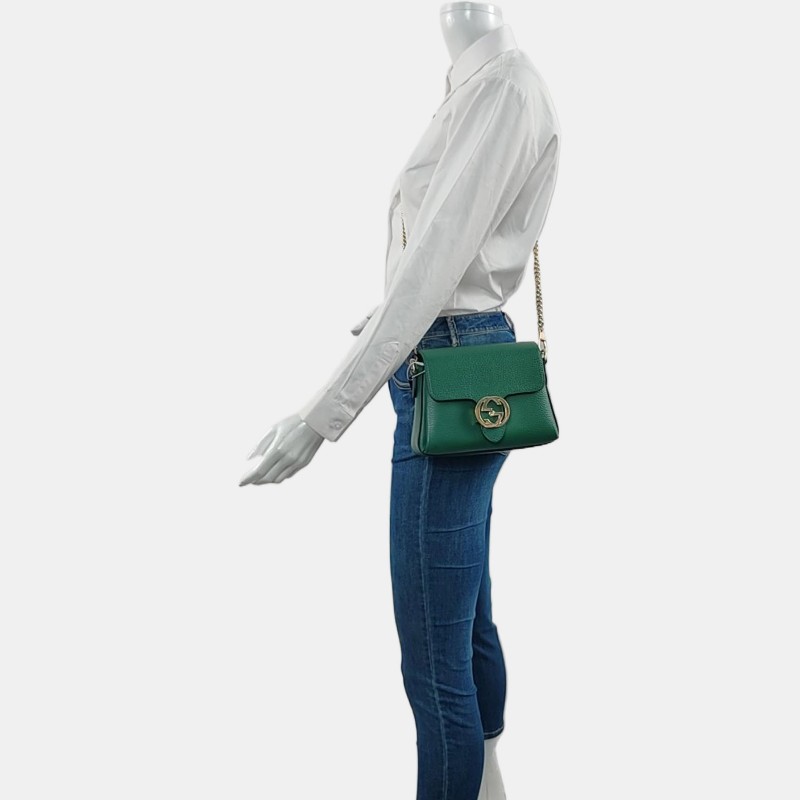 GUCCI Interlocking G 綠色牛皮單肩包手提包斜挎包 金色五金 可拆卸肩帶-1