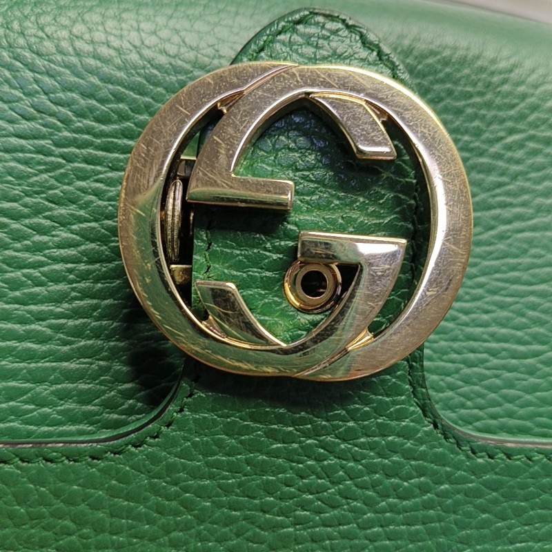 GUCCI Interlocking G 綠色牛皮單肩包手提包斜挎包 金色五金 可拆卸肩帶-7