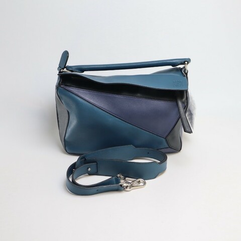 Loewe Puzzle中號幾何藍色拼色 經典牛皮 肩背包斜背包