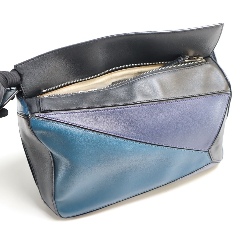 Loewe Puzzle中號幾何藍色拼色 經典牛皮 肩背包斜背包-5