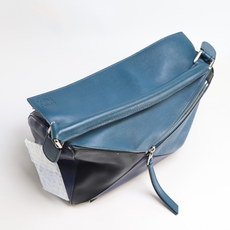 Loewe Puzzle中號幾何藍色拼色 經典牛皮 肩背包斜背包-9