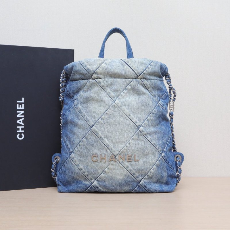CHANEL 22Bag帶手柄雙肩包小號29牛仔藍牛仔晶片開銀扣肩背包-0