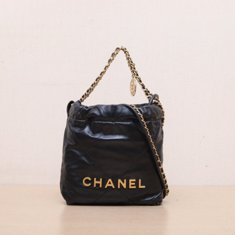 CHANEL 22BagTote托特包Mini20黑色牛皮晶片開金扣肩背包-1