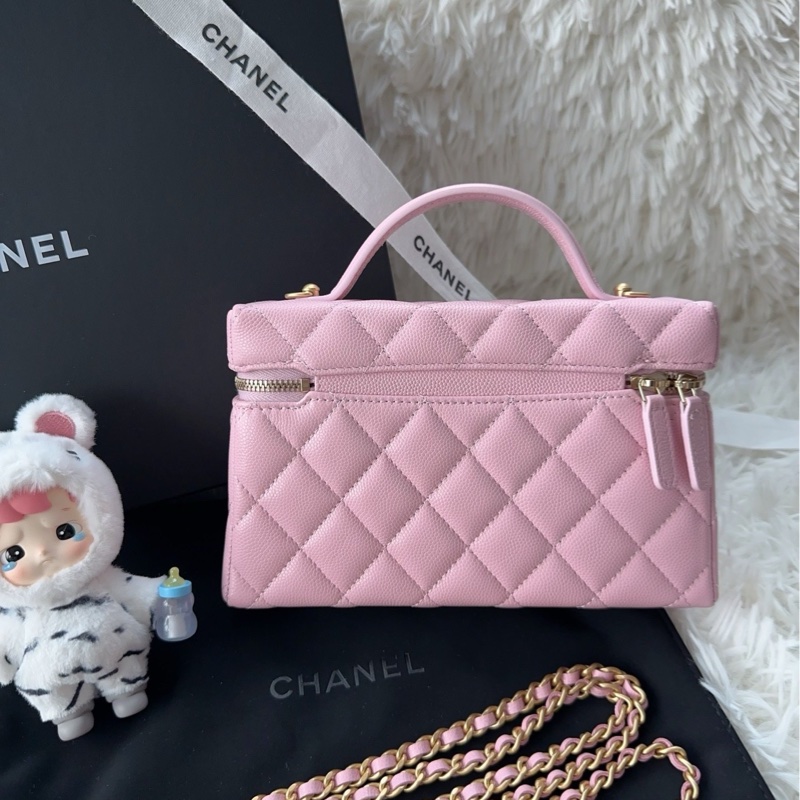 【配件:小票 防塵袋 💕】Chanel lp 飯盒包 盒子包 粉色 淡粉色 櫻花粉 拉絲金扣 荔枝牛皮 肩帶可拆卸 手提 單肩 斜挎-1