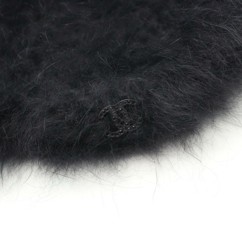 香奈兒 COCO 標誌針織帽 安哥拉黑色 二手 女款-5