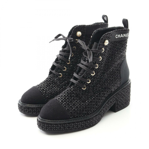 香奈兒 (CHANEL) 女靴 G38514，織物/人造珍珠，黑色，36C 碼。
