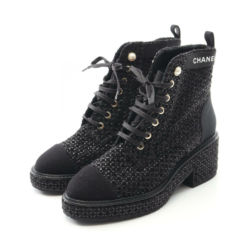 香奈兒 (CHANEL) 女靴 G38514，織物/人造珍珠，黑色，36C 碼。-0