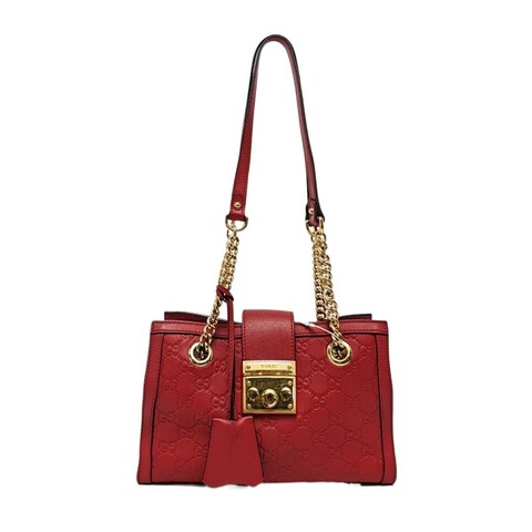 GUCCI Padlock小號 紅色牛皮老花壓紋單肩包 金色五金