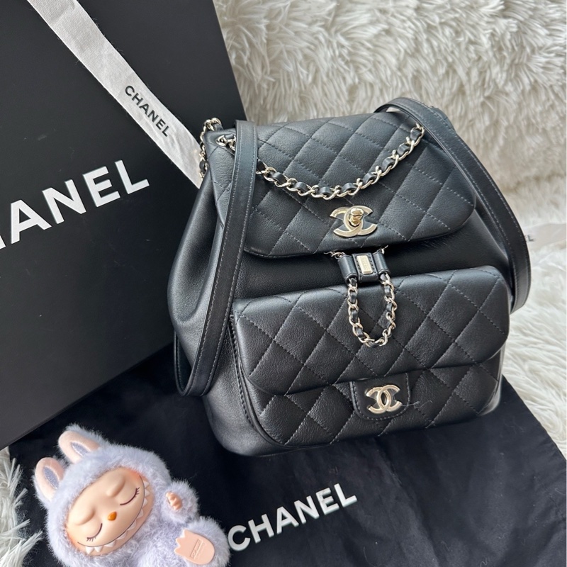 【配件:帶票大全套 💕99新】Chanel  duma 大號 背包 書包 雙肩包 黑金 黑色 金扣-1