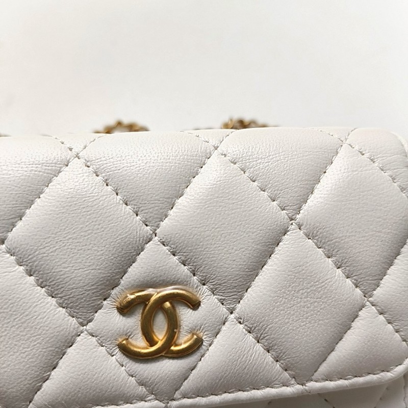 CHANEL WOC 白色牛皮菱格紋絎縫斜挎包單肩包 金色五金 30開-8