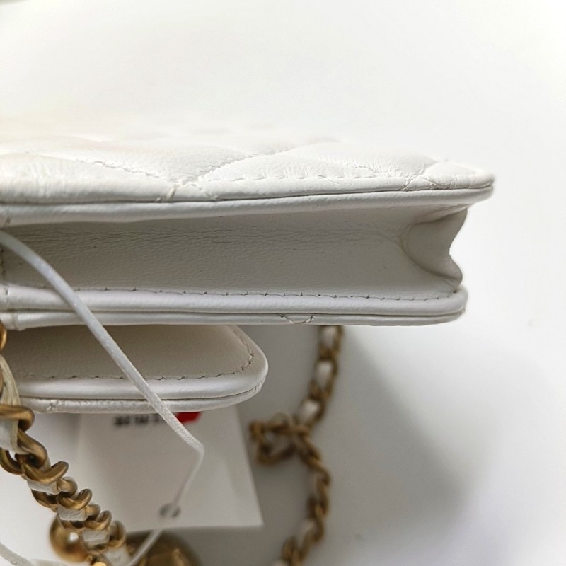 CHANEL WOC 白色牛皮菱格紋絎縫斜挎包單肩包 金色五金 30開-10