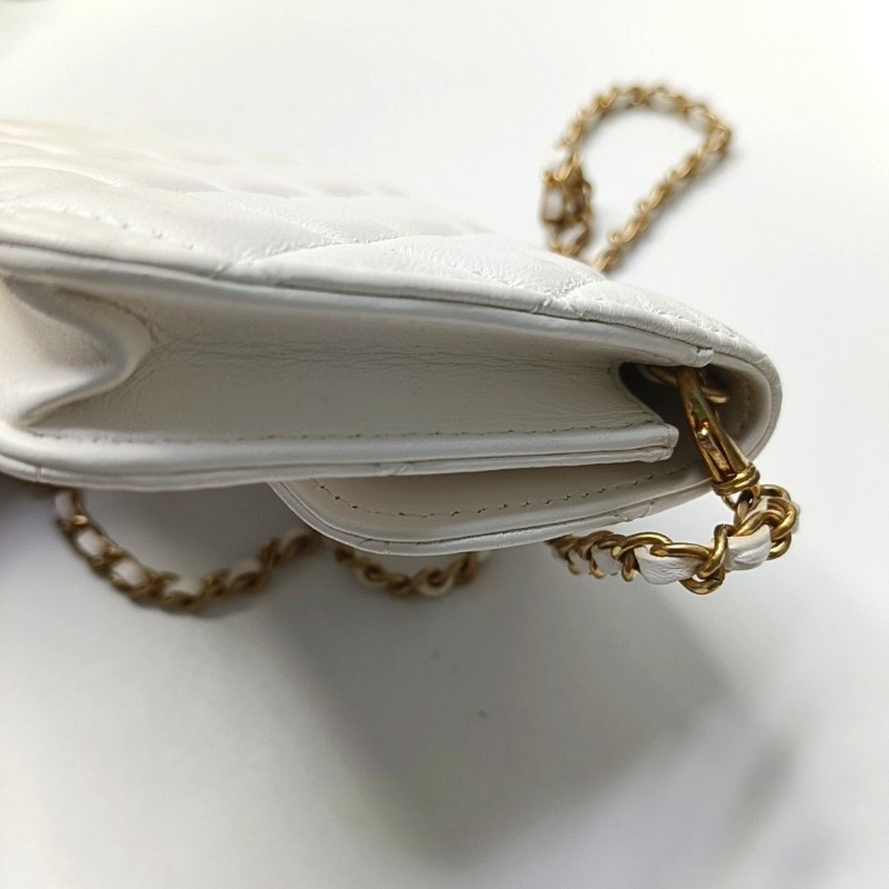 CHANEL WOC 白色牛皮菱格紋絎縫斜挎包單肩包 金色五金 30開-11
