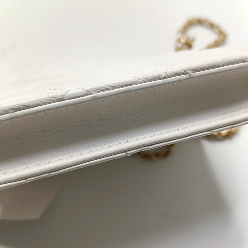 CHANEL WOC 白色牛皮菱格紋絎縫斜挎包單肩包 金色五金 30開-13
