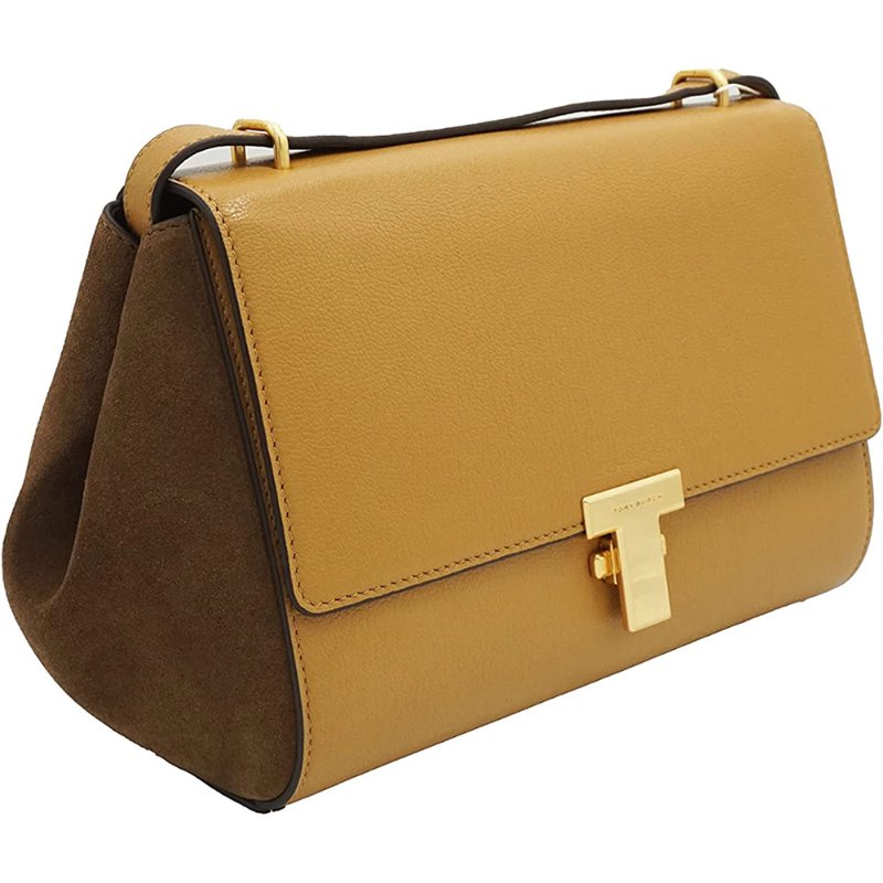 【TORY BURCH】拼接皮革翻蓋斜背包-棕色-2