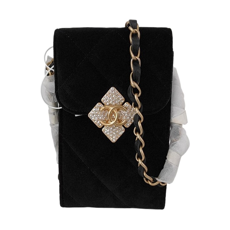 CHANEL 黑色絲絨菱格紋絎縫斜挎包單肩包 金色五金 31開 9.9新-0