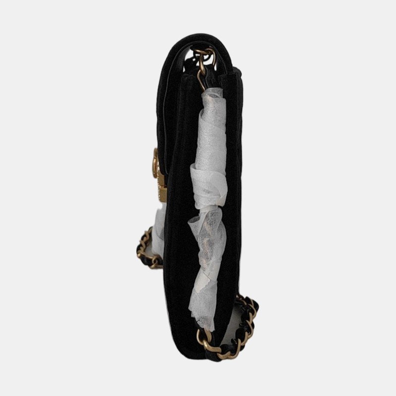 CHANEL 黑色絲絨菱格紋絎縫斜挎包單肩包 金色五金 31開 9.9新-2