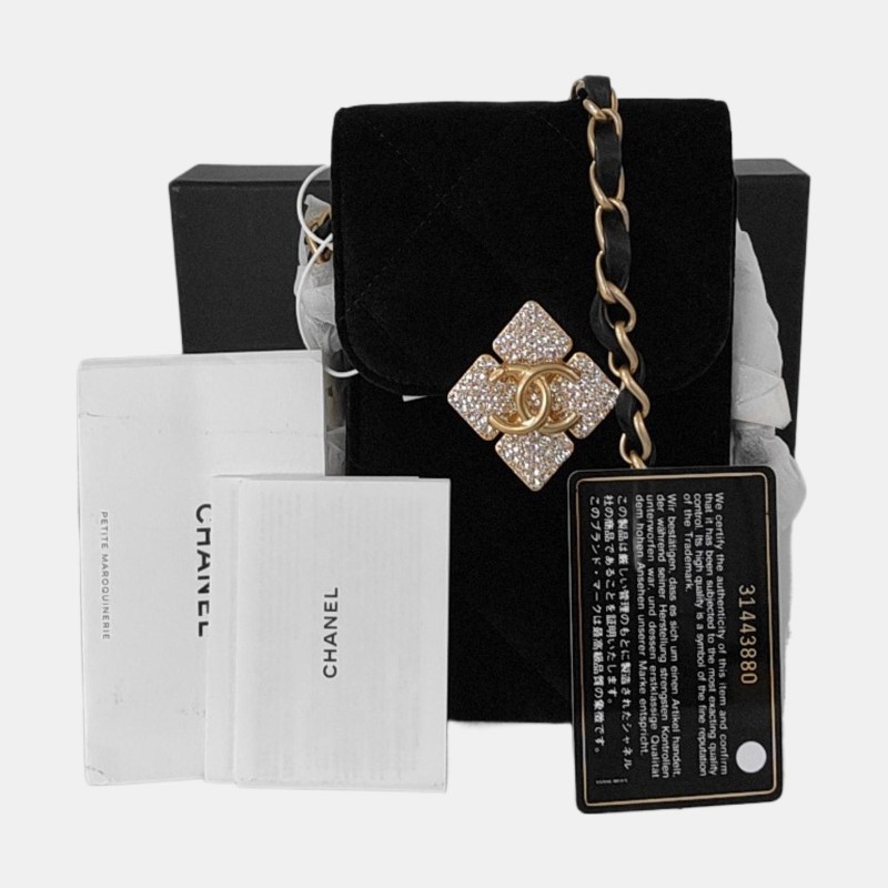 CHANEL 黑色絲絨菱格紋絎縫斜挎包單肩包 金色五金 31開 9.9新-7