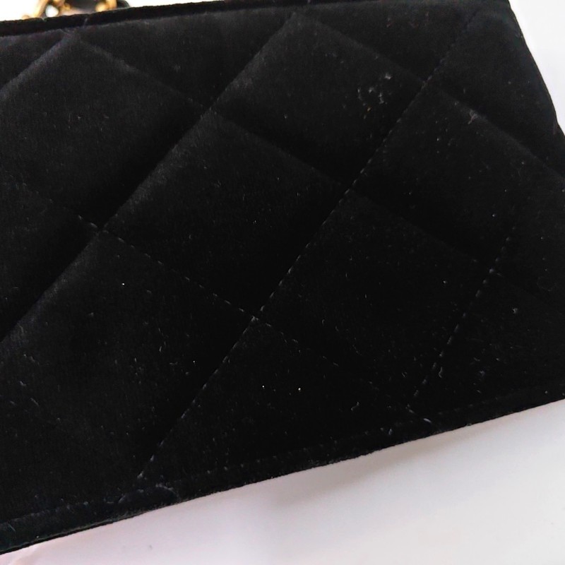 CHANEL 黑色絲絨菱格紋絎縫斜挎包單肩包 金色五金 31開 9.9新-9