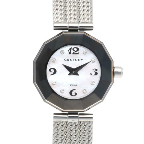 世紀時光寶石女士不鏽鋼石英錶，白色錶殼，鑲嵌8顆鑽石