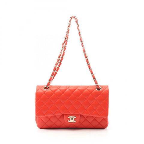 香奈兒 (CHANEL) Matelasse W 翻蓋鏈條單肩背包，羊皮材質，紅色，二手，金色五金，CC