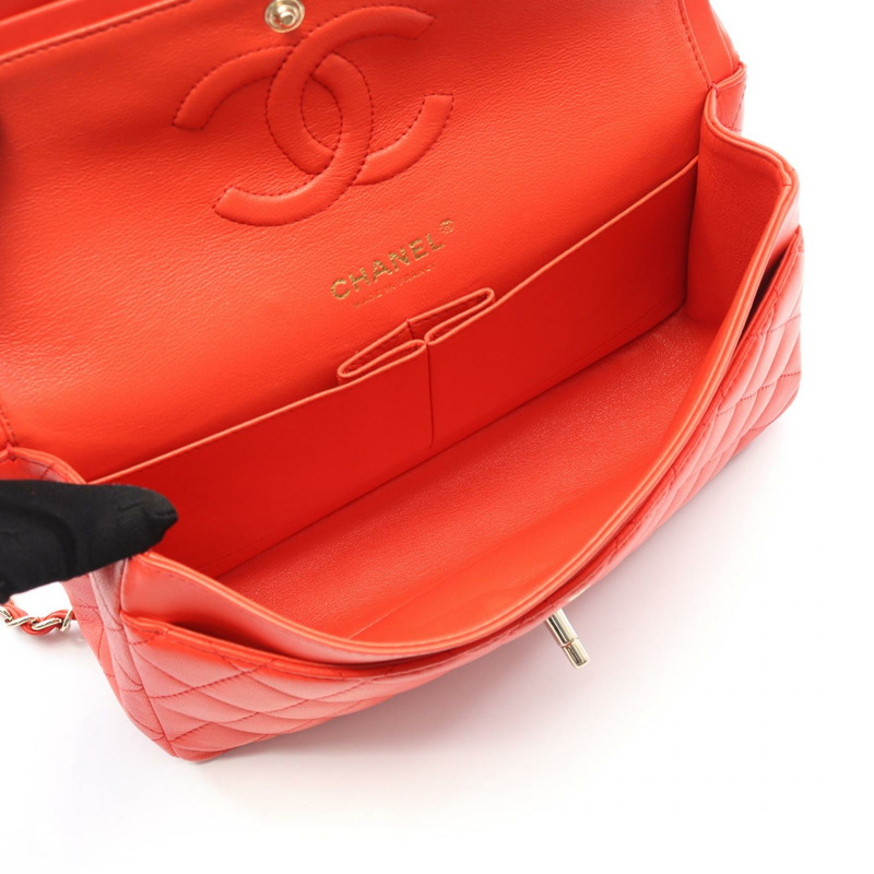香奈兒 (CHANEL) Matelasse W 翻蓋鏈條單肩背包,羊皮材質,紅色,二手,金色五金,CC-2