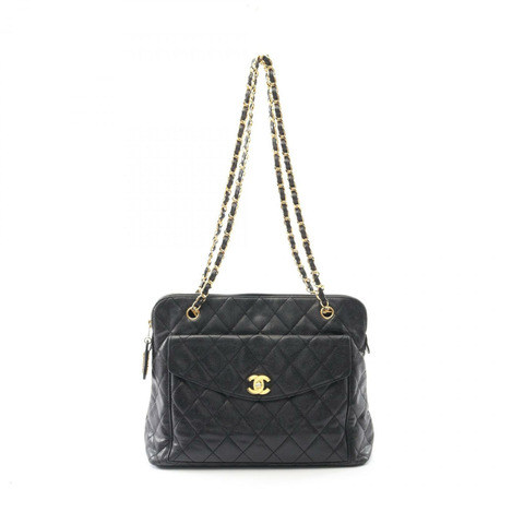 香奈兒 (CHANEL) Matelasse 皮革鏈條肩背包，黑色，二手，女士，金色五金