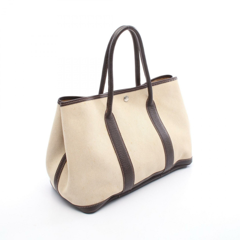 愛馬仕 Garden Party PM 手提包,帆布皮革,棕色米色,二手,帶五金配件。-1