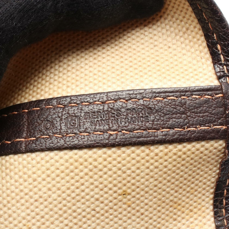 愛馬仕 Garden Party PM 手提包,帆布皮革,棕色米色,二手,帶五金配件。-3