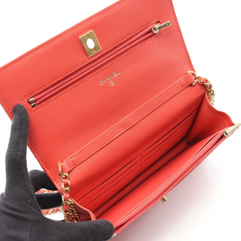 香奈兒 (CHANEL) 絎縫鏈條斜挎包 A33580 粒面小牛皮 紅橙色 二手 金色五金-2