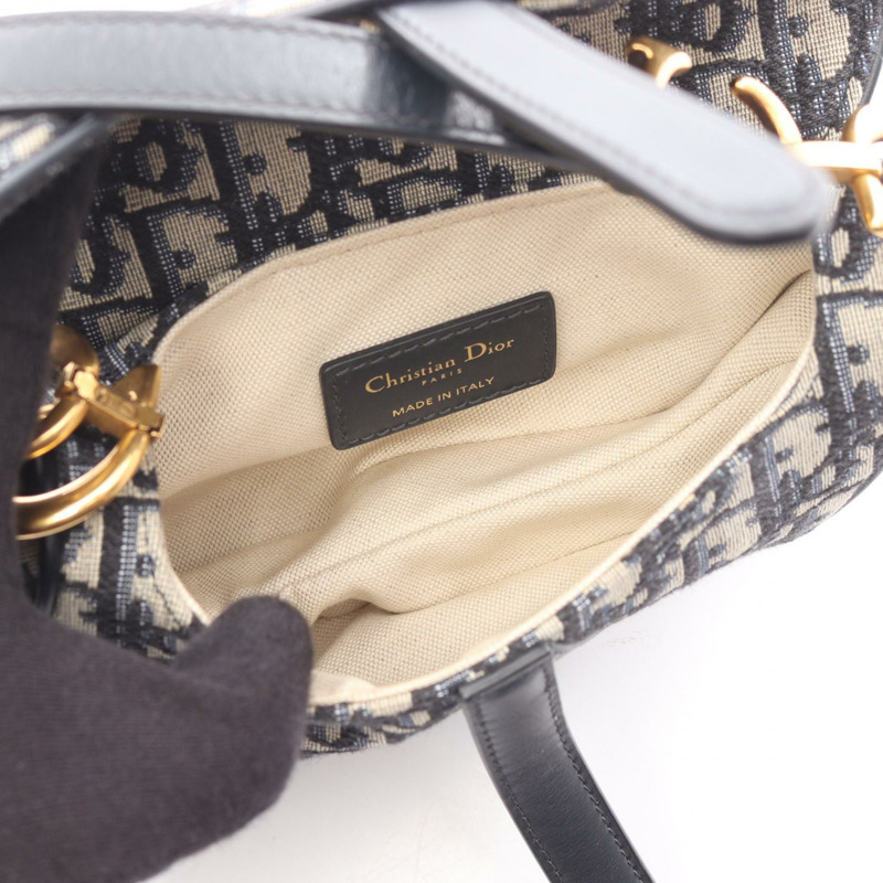 Dior 迷你馬鞍提花手提包,帆布皮革,米色、海軍藍、黑色,二手,女士,金色五金-2