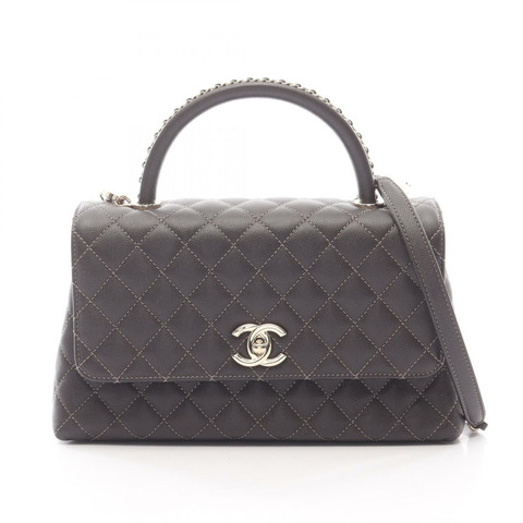 香奈兒 Coco Handle 29 翻蓋絎縫肩背包，棕色皮革，二手，金色五金，CC