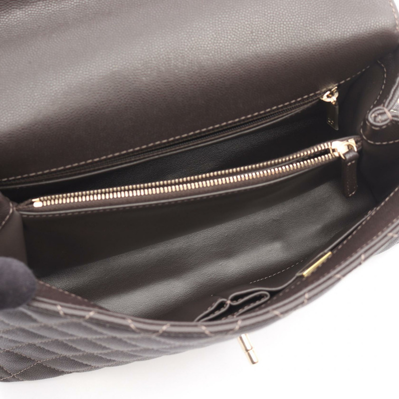 香奈兒 Coco Handle 29 翻蓋絎縫肩背包,棕色皮革,二手,金色五金,CC-2