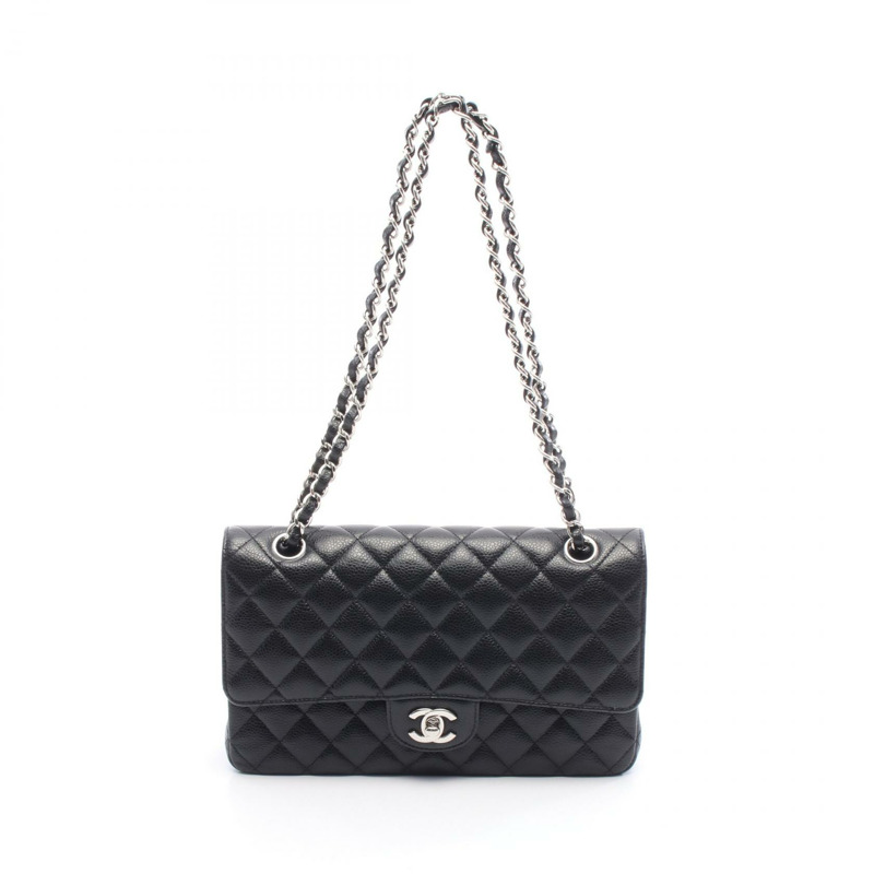 香奈兒 Matelasse W 翻蓋鏈條肩背包，小牛皮，黑色，二手，帶五金配件-0