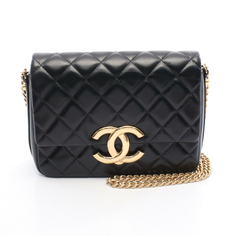 香奈兒 COCO 標誌鏈條斜挎單肩包,羊皮材質,黑色,二手,女士款,金色五金-0