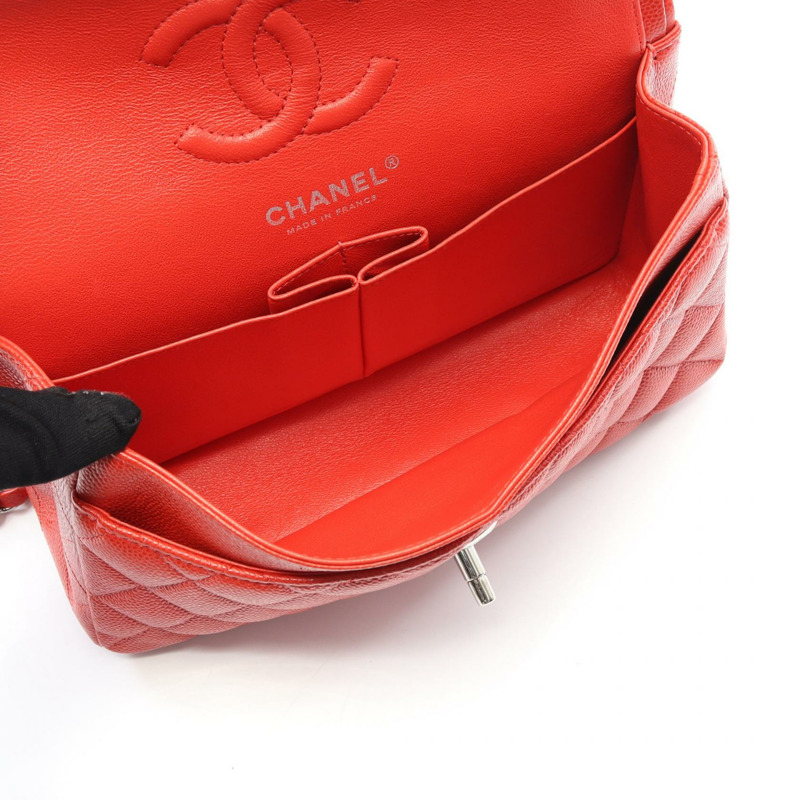 香奈兒 Matelasse W 翻蓋鏈條肩背包,粒面小牛皮,紅色,二手 SHW-2