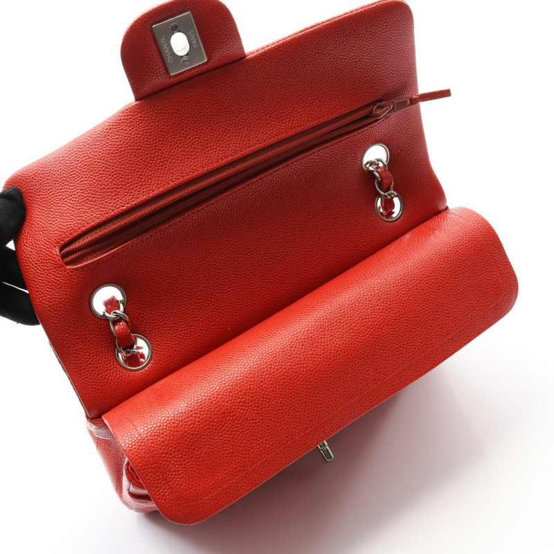 香奈兒 Matelasse W 翻蓋鏈條肩背包,粒面小牛皮,紅色,二手 SHW-5