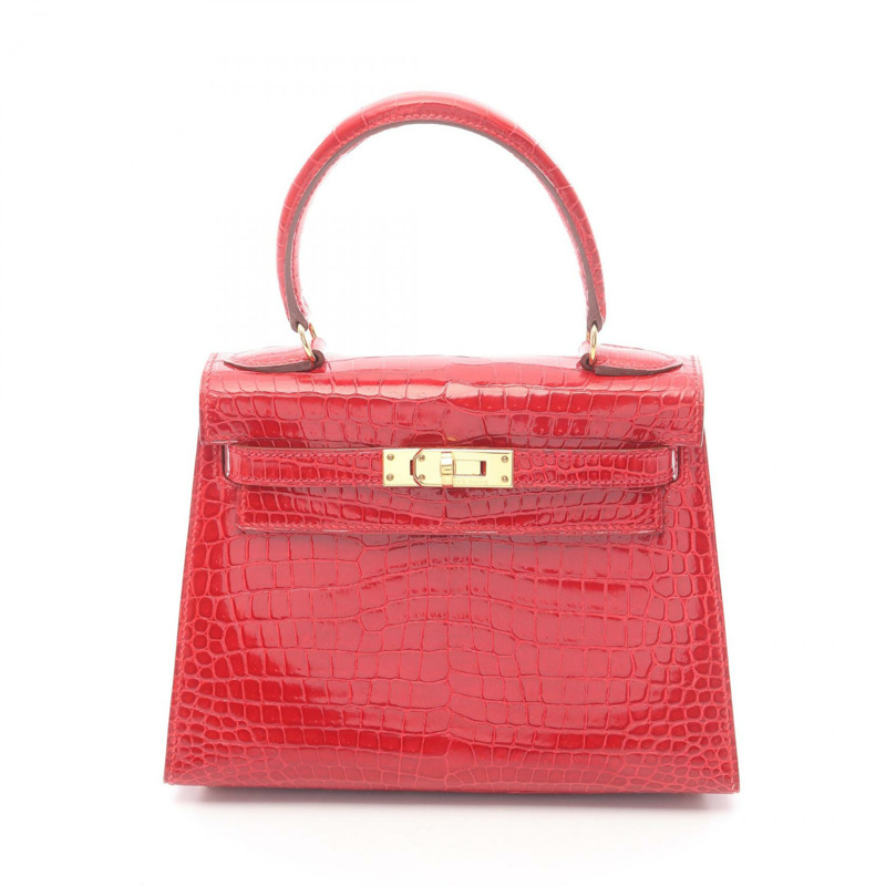 愛馬仕迷你凱莉手提包,異國風情鱷魚皮,紅色,二手女款-0
