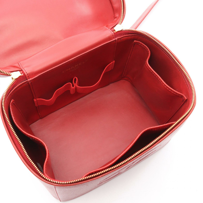 香奈兒 COCO 標誌化妝單肩斜背包，紅色小牛皮，二手，金色五金-2