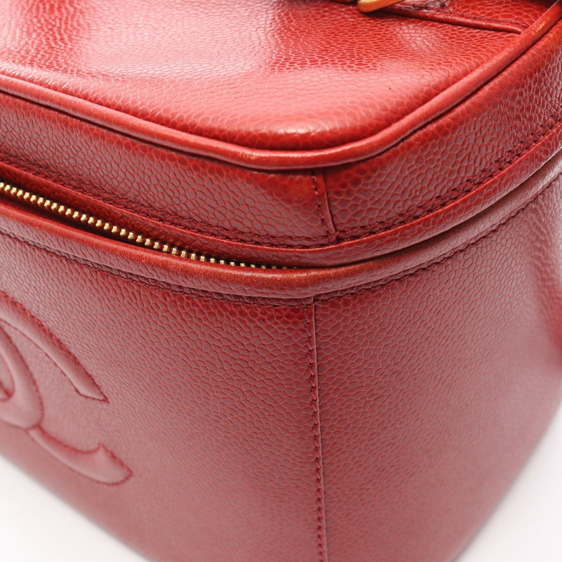 香奈兒 COCO 標誌化妝單肩斜背包，紅色小牛皮，二手，金色五金-12