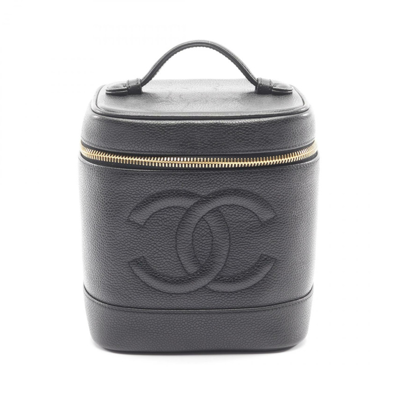 香奈兒 COCO 標誌化妝包 A01998 小牛皮 黑色 二手 金色五金 女士-0