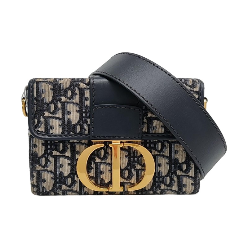 DIOR 30 Montaigne 藍色帆布老花蒙田包斜挎包單肩包 金色五金 可拆卸肩帶-0