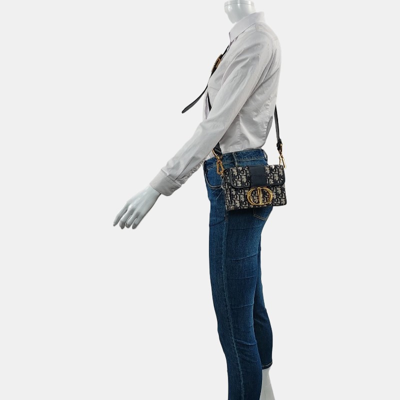 DIOR 30 Montaigne 藍色帆布老花蒙田包斜挎包單肩包 金色五金 可拆卸肩帶-1