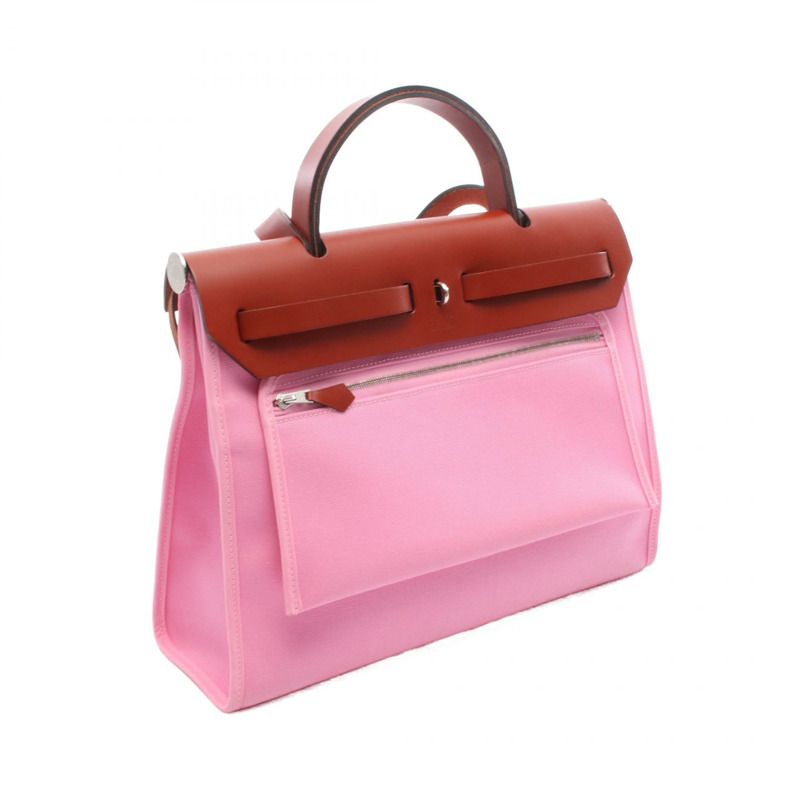 愛馬仕 Herbag Zip PM 單肩手提包,D Toile 皮革,棕色/粉紅色,帶鉚釘-1