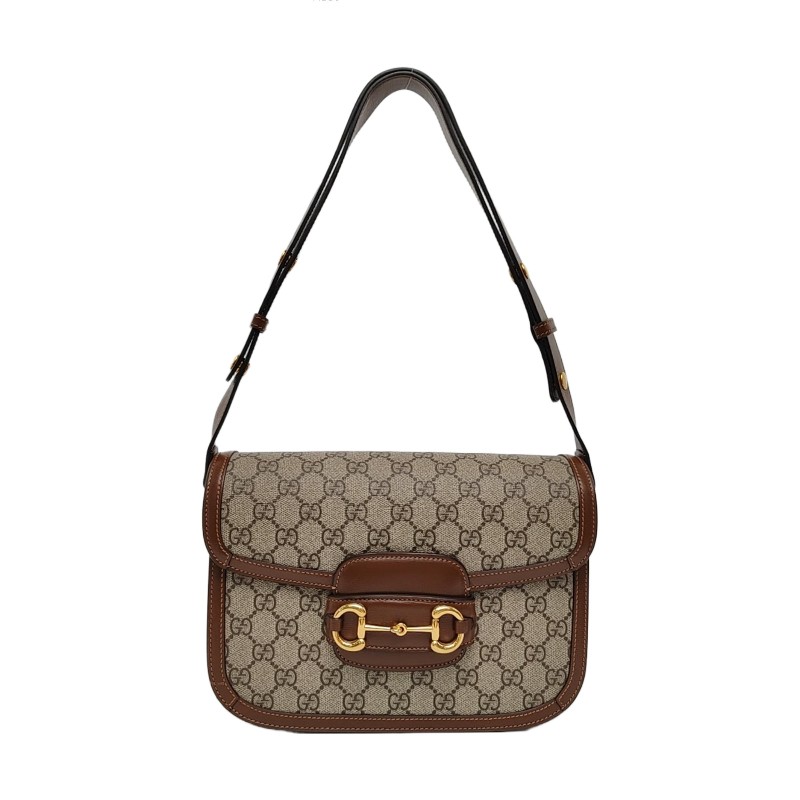 GUCCI Horsebit 1955 小號 米色塗層帆布老花馬銜扣馬鞍包單肩包斜挎包 金色五金-0