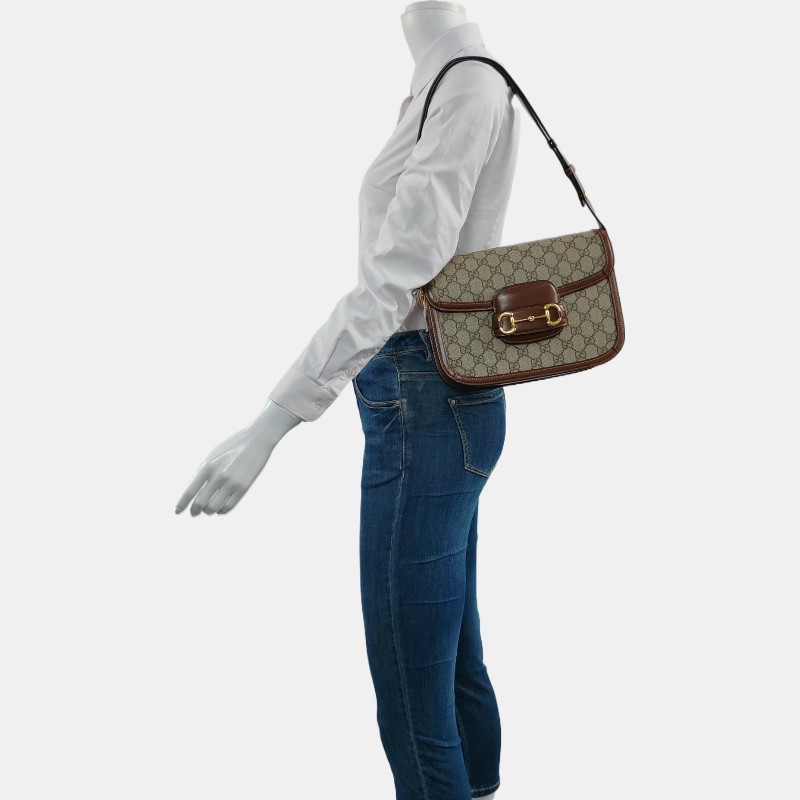 GUCCI Horsebit 1955 小號 米色塗層帆布老花馬銜扣馬鞍包單肩包斜挎包 金色五金-1