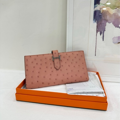 Hermes鴕鳥皮Bearn淺粉紅長皮夾 X刻 有購證