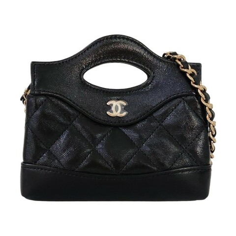 CHANEL CHANEL 31超迷你 黑色羊皮菱格紋絎縫天貓精靈斜挎包手提包單肩包 金色五金